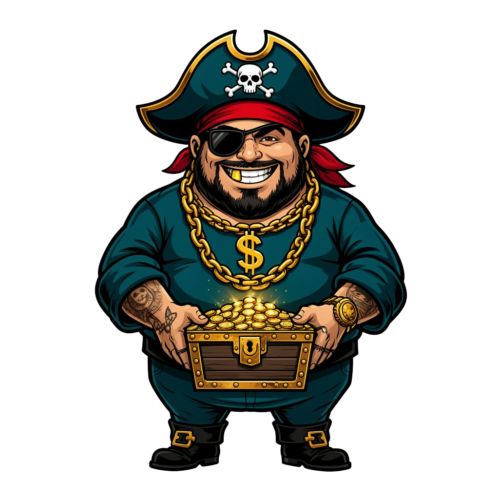 Thugprice pirate mascot holding a treasure chest of savings